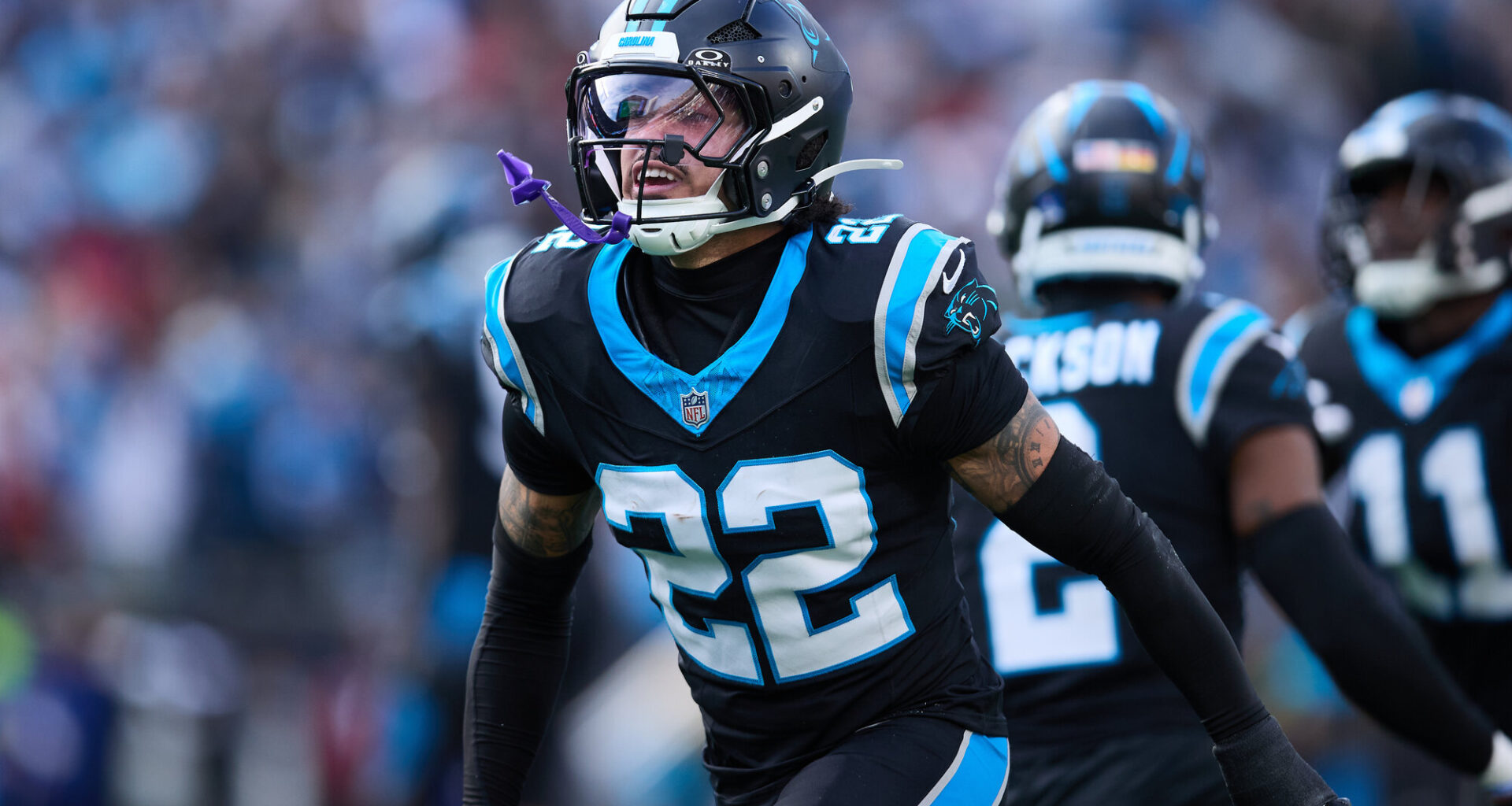 Carolina Panthers safety Lathan Ransom (22) celebrates after intercepting a pass against the Tampa Bay Buccaneers on Sunday Dec. 21, 2025, in Charlotte.