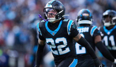 Carolina Panthers safety Lathan Ransom (22) celebrates after intercepting a pass against the Tampa Bay Buccaneers on Sunday Dec. 21, 2025, in Charlotte.