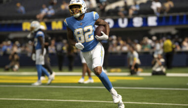 Los Angeles Chargers wide receiver Brenden Rice (82) runs with the ball before an NFL preseason ...