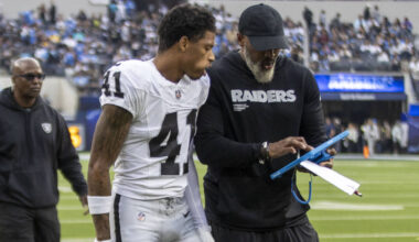 Raiders cornerback Greedy Vance (41) gets instruction from defensive backs coach Marcus Roberts ...