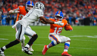 Denver Broncos running back RJ Harvey (12) runs against Las Vegas Raiders safety Jeremy Chinn ( ...