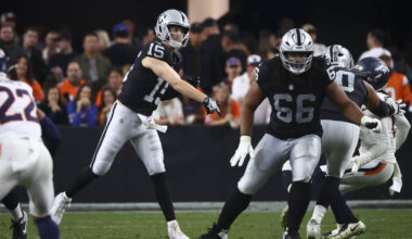 Raiders quarterback Kenny Pickett (15) throws a pass during the second half of an NFL game agai ...