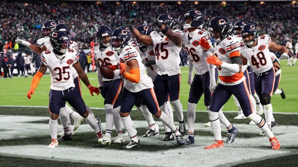The Bears defense celebrates after an interception against the Eagles last month. The opportunistic defense has been a big part of the team's success this season. - Bill Streicher/Imagn Images/Reuters