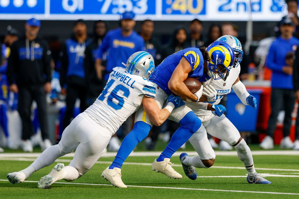 Los Angeles Rams wide receiver Puka Nacua (12) catches the ball for a gain during a NFL game against the Detroit Lions on December 15, 2025 at Sofi Stadium in Inglewood, CA.