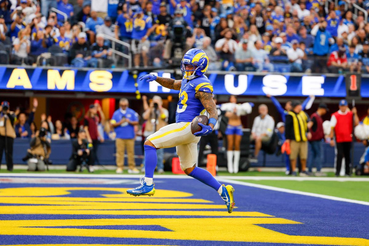 Los Angeles Rams running back Kyren Williams (23) runs the ball for a touchdown during a NFL game against the Detroit Lions on December 15, 2025 at Sofi Stadium in Inglewood, CA.