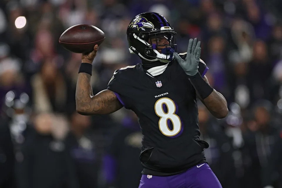 Lamar Jackson of the Baltimore Ravens passes the ball against the New England Patriots during the first quarter at M&T Bank Stadium on December 21, 2025 in Baltimore, Maryland. Getty Images