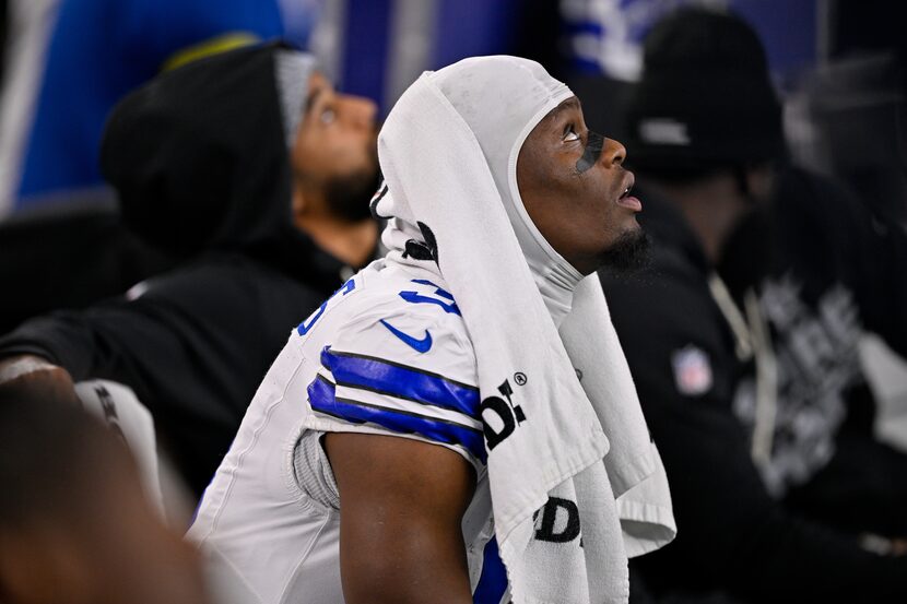 Dallas Cowboys wide receiver George Pickens (3) looks on from the sidelines during an NFL...