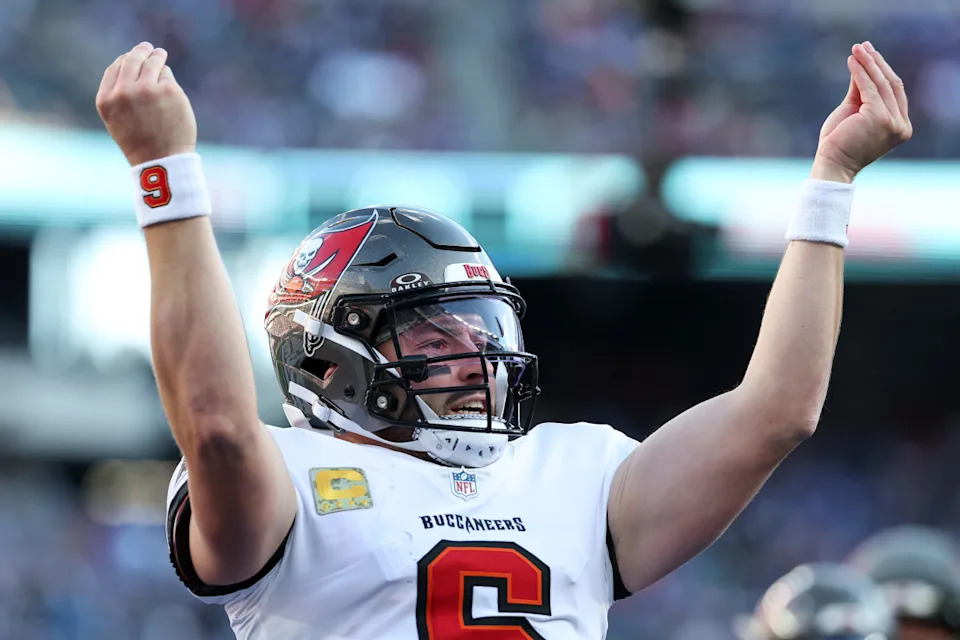 EAST RUTHERFORD, NEW JERSEY - NOVEMBER 24: Baker Mayfield #6 of the Tampa Bay Buccaneers celebrates after scoring a touchdown against the New York Giants during the second quarter at MetLife Stadium on November 24, 2024 in East Rutherford, New Jersey. (Photo by Elsa/Getty Images)Elsa/Getty Images