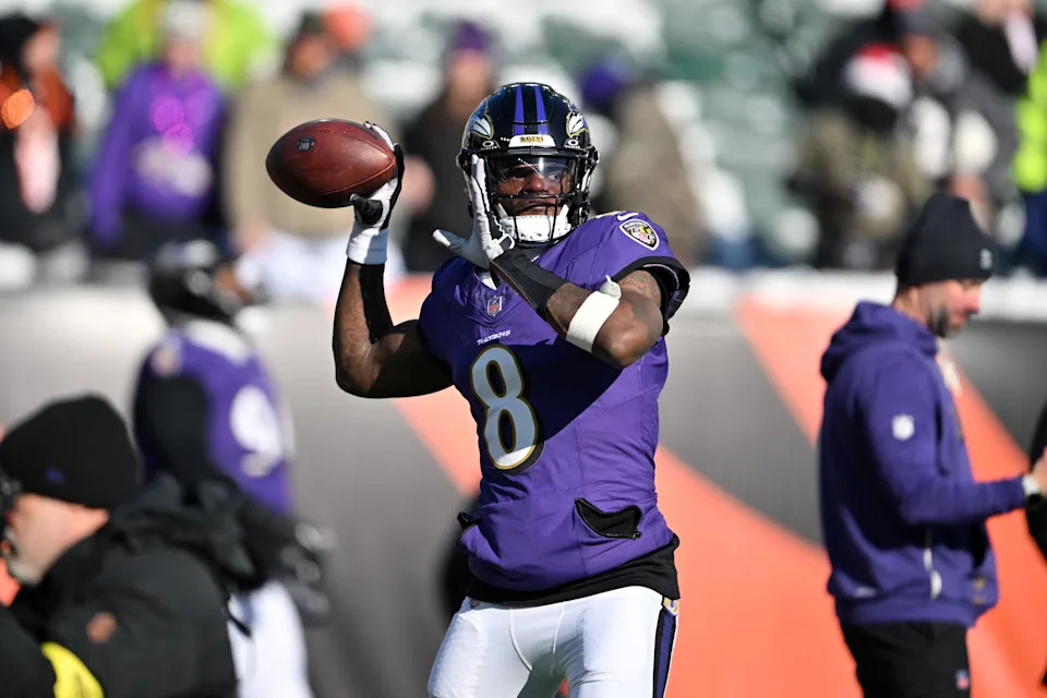 CINCINNATI, OHIO - DECEMBER 14: Lamar Jackson #8 of the Baltimore Ravens warms up prior to a game against the Cincinnati Bengals at Paycor Stadium on December 14, 2025 in Cincinnati, Ohio. (Photo by Jason Miller/Getty Images)