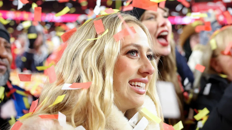 Brittany Mahomes and Taylor Swift react after the Kansas City Chiefs defeated the Buffalo Bills 32-29 in the AFC Championship Game at GEHA Field at Arrowhead Stadium on January 26, 2025 in Kansas City, Missouri.Photo by David Eulitt/Getty Images