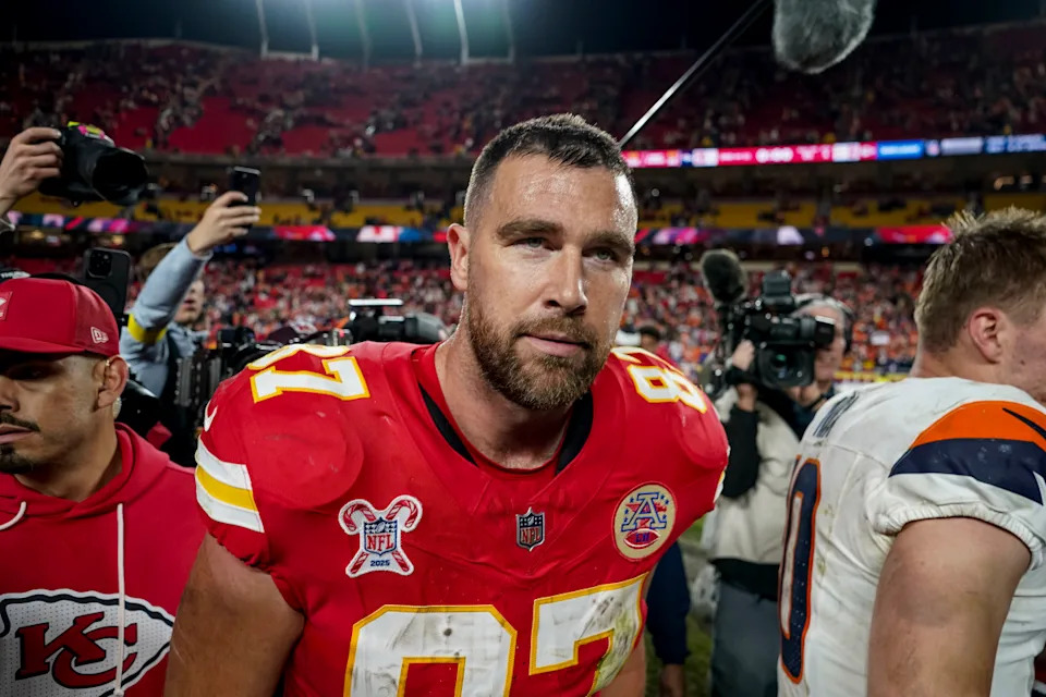 Kansas City Chiefs tight end Travis Kelce (87) after the game at GEHA Field at Arrowhead Stadium. Denny Medley-Imagn Images