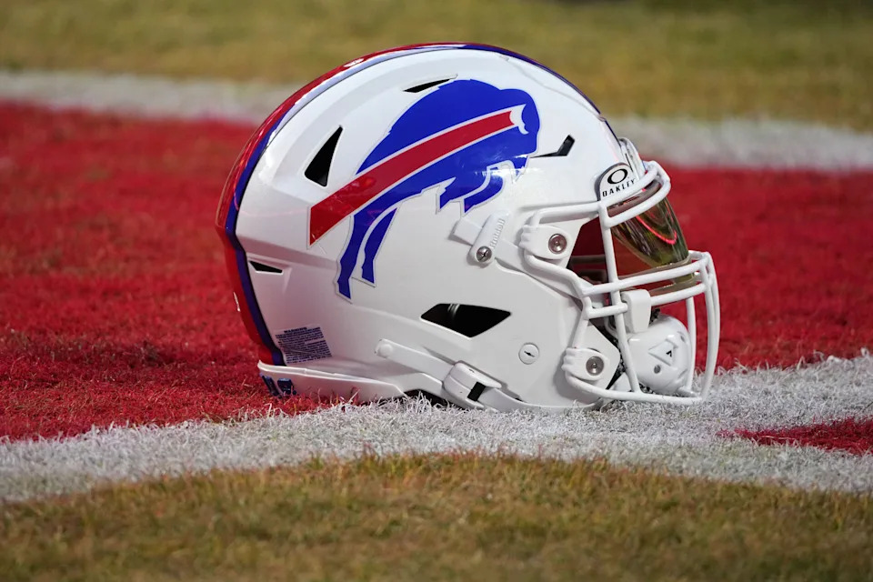 A detailed view of the Buffalo Bills helmet.