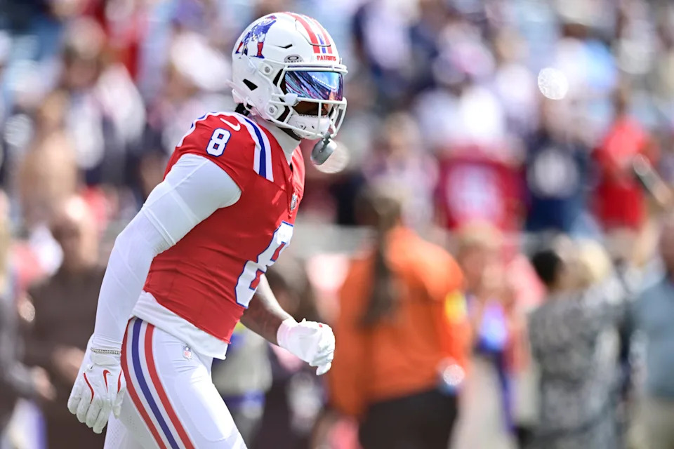 FOXBOROUGH, MASSACHUSETTS - SEPTEMBER 21: Stefon Diggs #8 of the New England Patriots looks on against the Pittsburgh Steelers at Gillette Stadium on September 21, 2025 in Foxborough, Massachusetts. (Photo by Jaiden Tripi/Getty Images)