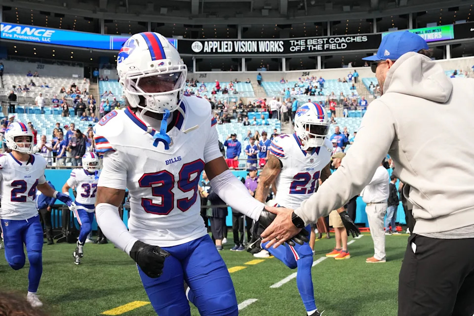 Oct 26, 2025; Charlotte, North Carolina, USA; Buffalo Bills cornerback Cam Lewis (39) runs on to the field before a game against the Carolina Panthers at Bank of America Stadium. Mandatory Credit: Bob Donnan-Imagn Images