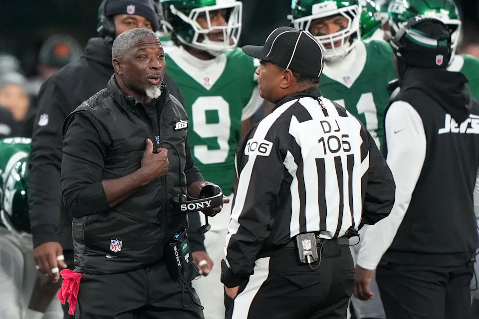Nov 30, 2025; East Rutherford, New Jersey, USA; New York Jets head coach Aaron Glenn reacts during the second half at MetLife Stadium. Mandatory Credit: Robert Deutsch-Imagn Images