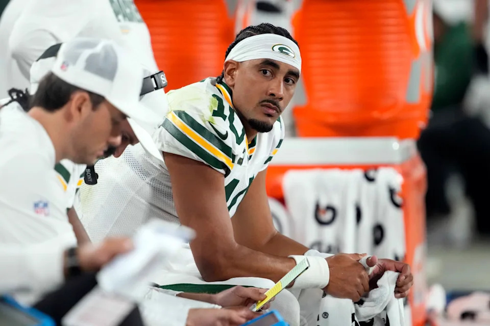 Green Bay Packers quarterback Jordan Love on the bench against the Washington Commanders.Jeff Hanisch-Imagn Images