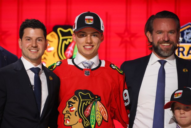 Connor Bedard is selected by the Blackhawks with the No. 1 pick in the NHL draft on June 28, 2023, in Nashville, Tenn.