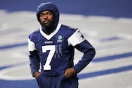 Dallas Cowboys cornerback Trevon Diggs watches teammates workout during a practice at The...