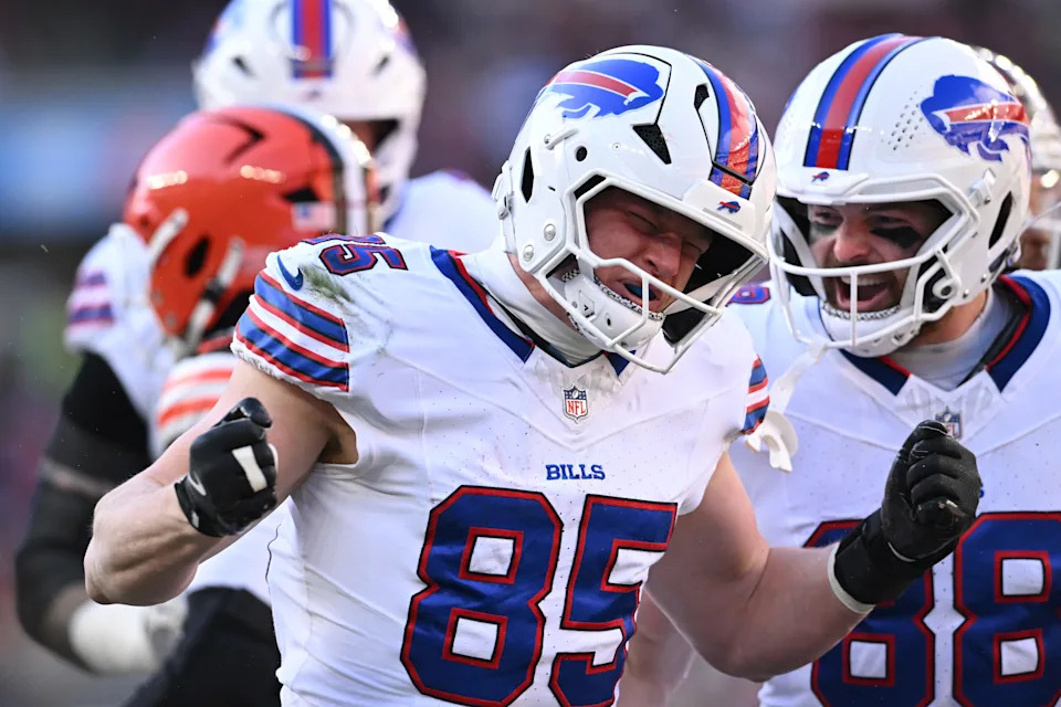 CLEVELAND, OHIO - DECEMBER 21: Jackson Hawes #85 and Dawson Knox #88 of the Buffalo Bills celebrate a first down in the first quarter of the game against the Cleveland Browns at Huntington Bank Field on December 21, 2025 in Cleveland, Ohio. (Photo by Nick Cammett/Getty Images)