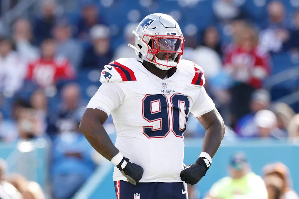 Johnnie Izquierdo/Getty Images - PHOTO: Christian Barmore of the New England Patriots looks on during a game against the Tennessee Titans at Nissan Stadium in Nashville, Tennessee, October 19, 2025.