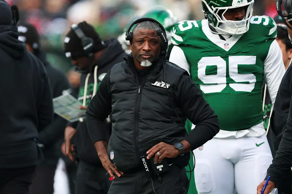 Dec 28, 2025; East Rutherford, New Jersey, USA; New York Jets head coach Aaron Glenn reacts during the first quarter of the game against the New England Patriots at MetLife Stadium. Mandatory Credit: Vincent Carchietta-Imagn Images
