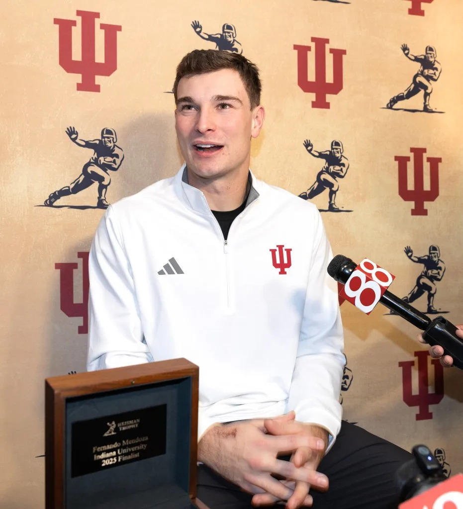 Heisman Finalists Fernando Mendoza, speaking to the media at the Marriott Marquis in Times Square on Dec. 12, 2025. Charles Wenzelberg / New York Post