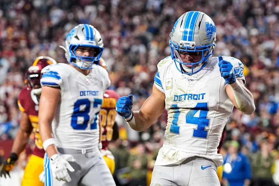 Detroit Lions wide receiver Amon-Ra St. Brown (14) celebrates a touchdown against Washington Commanders during the first half at Northwest Stadium in Landover, Md. on Sunday, November 9, 2025.© Junfu Han &sol; USA TODAY NETWORK via Imagn Images