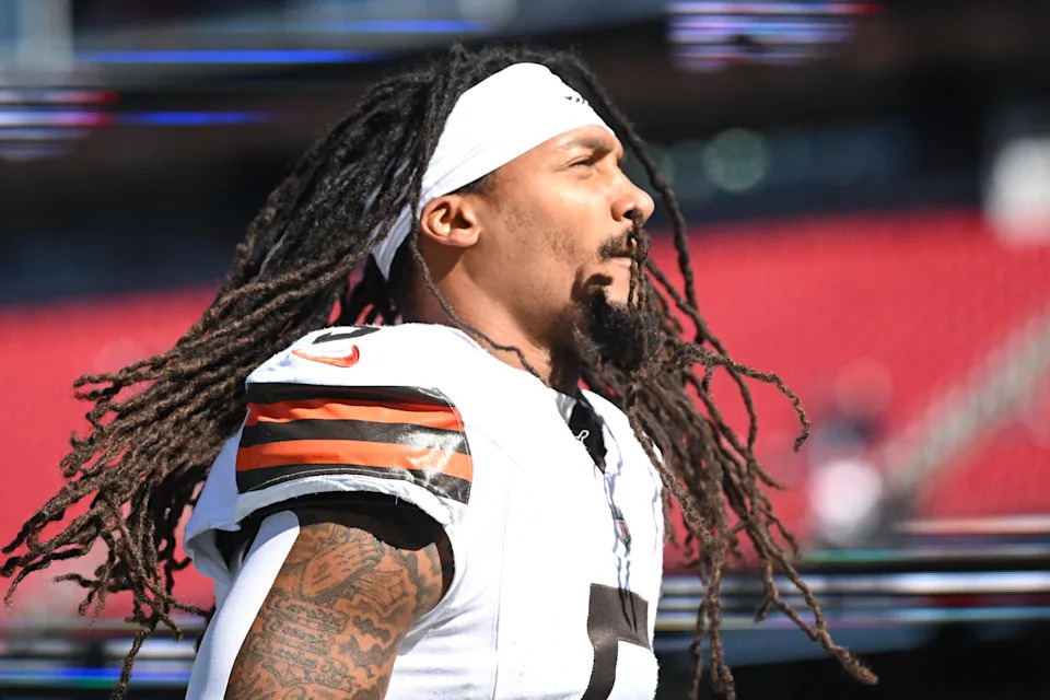 Oct 26, 2025; Foxborough, Massachusetts, USA; Cleveland Browns safety Rayshawn Jenkins (5) warms up prior to the game against the New England Patriots at Gillette Stadium. Mandatory Credit: Brian Fluharty-Imagn Images