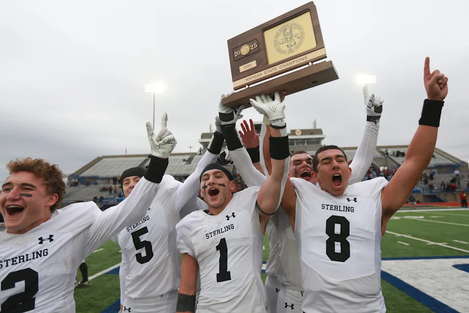 Sterling celebrates their win over Rossville in the KSHSAA Class 1A State Championship game at Hutchinson Community College on Nov. 28, 2025.