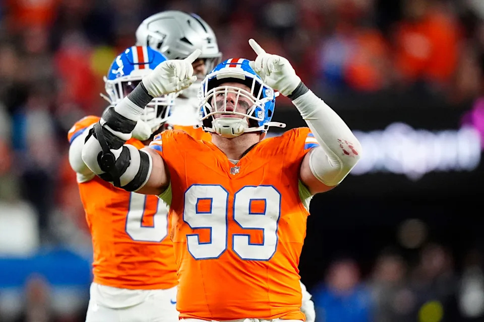 Denver Broncos defensive end Zach Allen reacts against the Las Vegas Raiders.