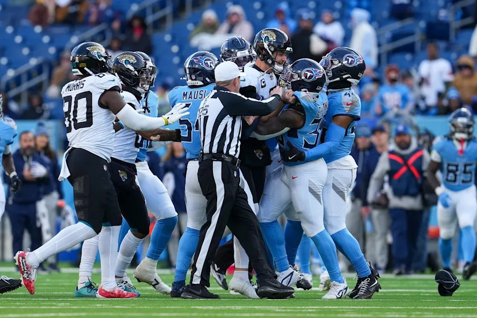 Jeff Dean/Getty  Scuffle during Jacksonville Jaguars and Tennessee Titans game on Sunday, Nov. 30, 2025