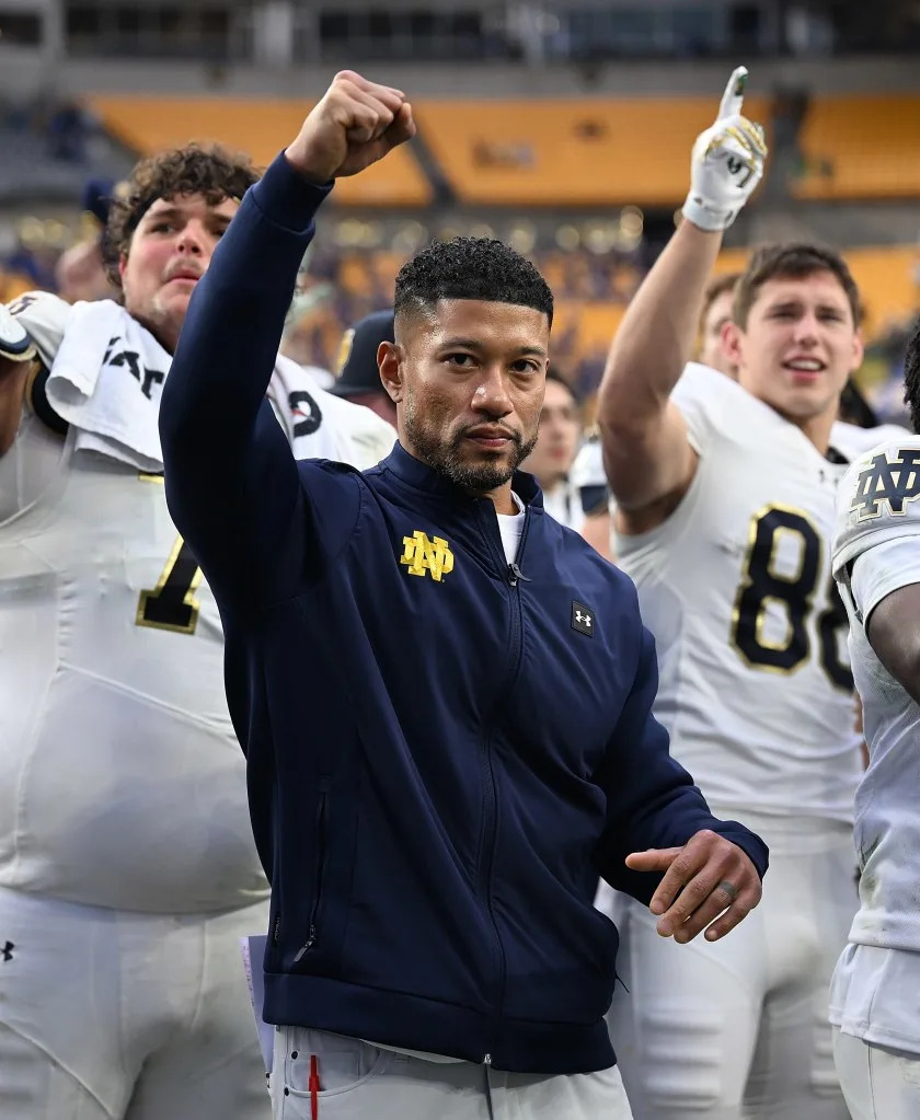 Notre Dame head coach Marcus Freeman celebrates the team’s win over Pitt on Nov. 15, 2025. Getty Images