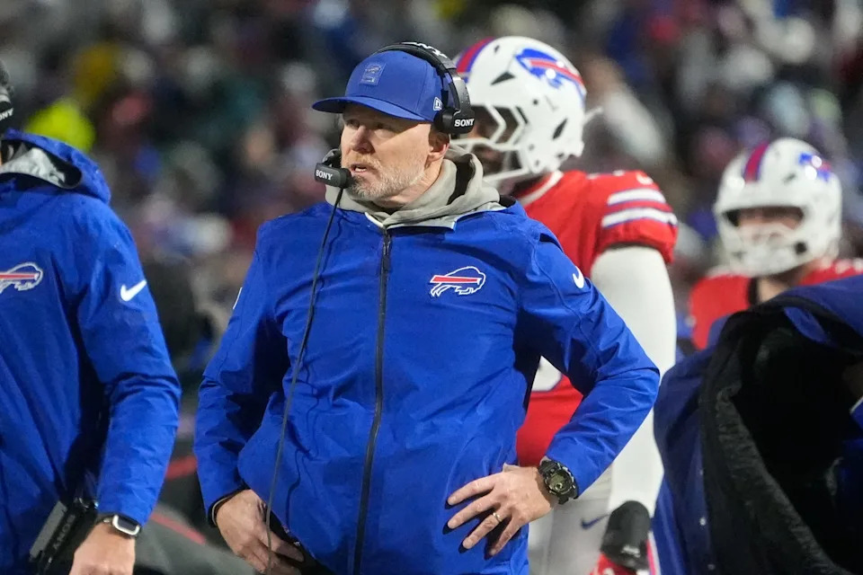 Dec 28, 2025; Orchard Park, New York, USA; Buffalo Bills head coach Sean McDermott looks on during the second quarter against the Philadelphia Eagles at Highmark Stadium. Mandatory Credit: Gregory Fisher-Imagn Images