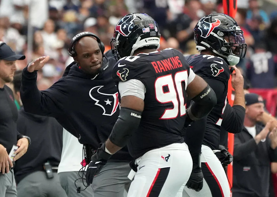 Houston Texans head coach DeMeco Ryans celebrates with defensive tackle Sheldon Rankins (90) after a play during the second half against the Denver Broncos at NRG Stadium. <br>Sean Thomas-Imagn Images