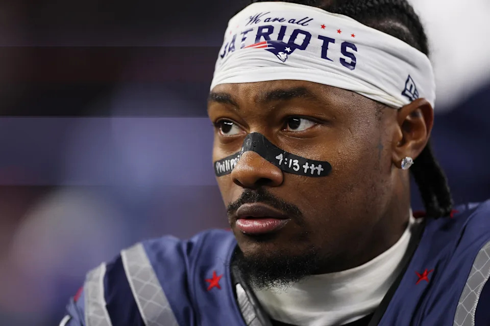 FOXBOROUGH, MASSACHUSETTS - NOVEMBER 13: Stefon Diggs #8 of the New England Patriots watches action during a game against the New York Jets at Gillette Stadium on November 13, 2025 in Foxborough, Massachusetts. (Photo by Maddie Meyer/Getty Images)