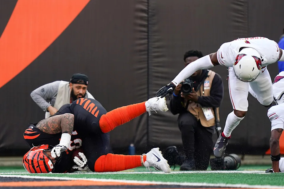 Cincinnati Bengals guard Cody Ford falls out of bounds near the end zone after a 21-yard reception in the third quarter of the Bengals' Week 17 game against the Arizona Cardinals.