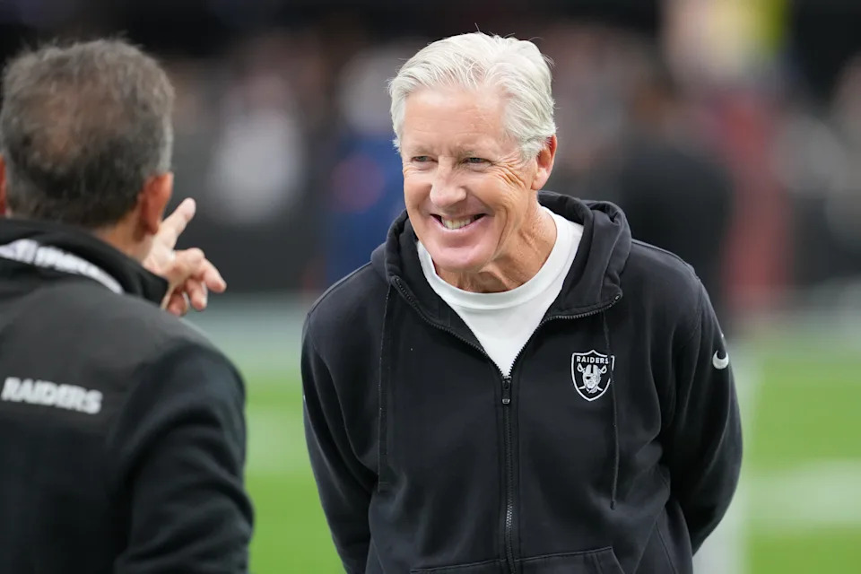 Dec 7, 2025; Paradise, Nevada, USA; Las Vegas Raiders head coach Pete Carroll on the field prior to a game against the Denver Broncos at Allegiant Stadium. Mandatory Credit: Stephen R. Sylvanie-Imagn Images
