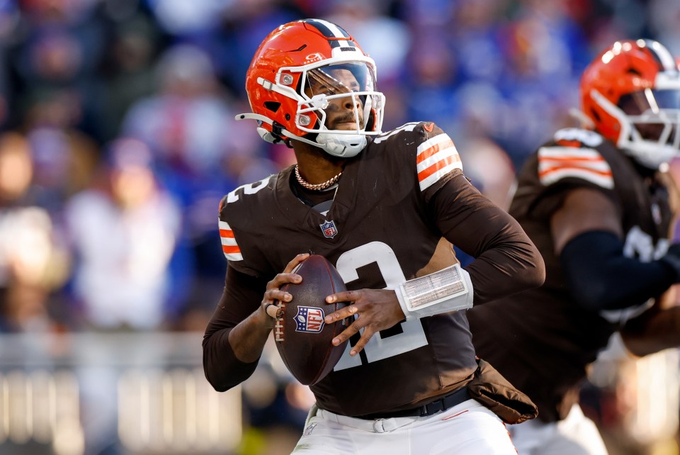 CLEVELAND, OHIO – DECEMBER 21: Shedeur Sanders #12 of the Cleveland Browns throws a pass during the fourth quarter of the game against the Buffalo Bills at Huntington Bank Field on December 21, 2025 in Cleveland, Ohio. (Photo by Lauren Leigh Bacho/Getty Images)