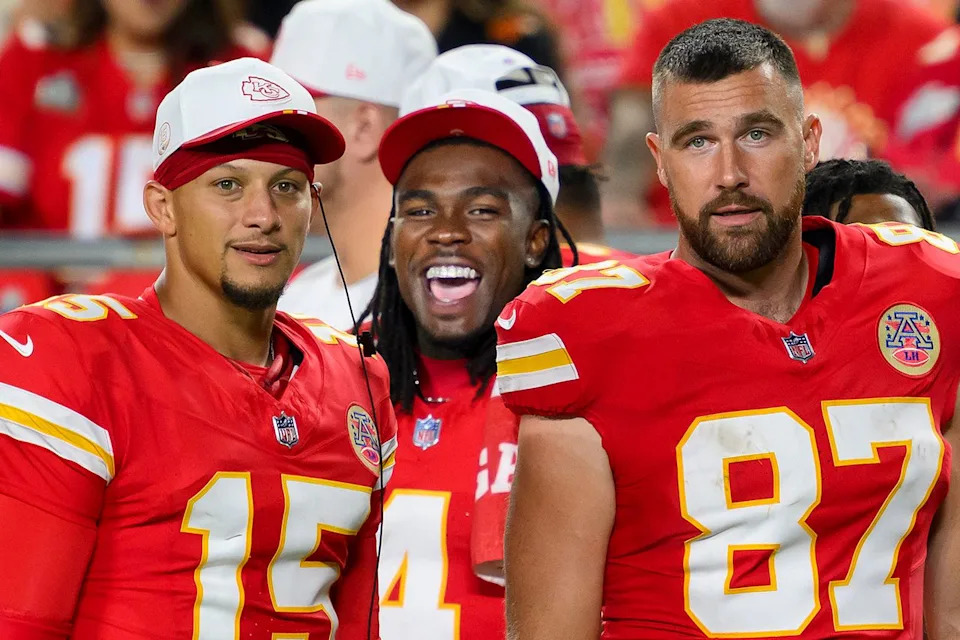 AP Photo/Reed Hoffmann Patrick Mahomes, Rashee Rice and Travis Kelce in August 2025.