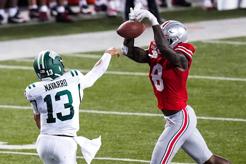 Ohio State Buckeyes linebacker Arvell Reese (8) blocks a pass by Ohio Bobcats quarterback Parker Navarro (13) in the second half at the Ohio Stadium on Saturday, Sept. 13, 2025 in Columbus, Ohio.