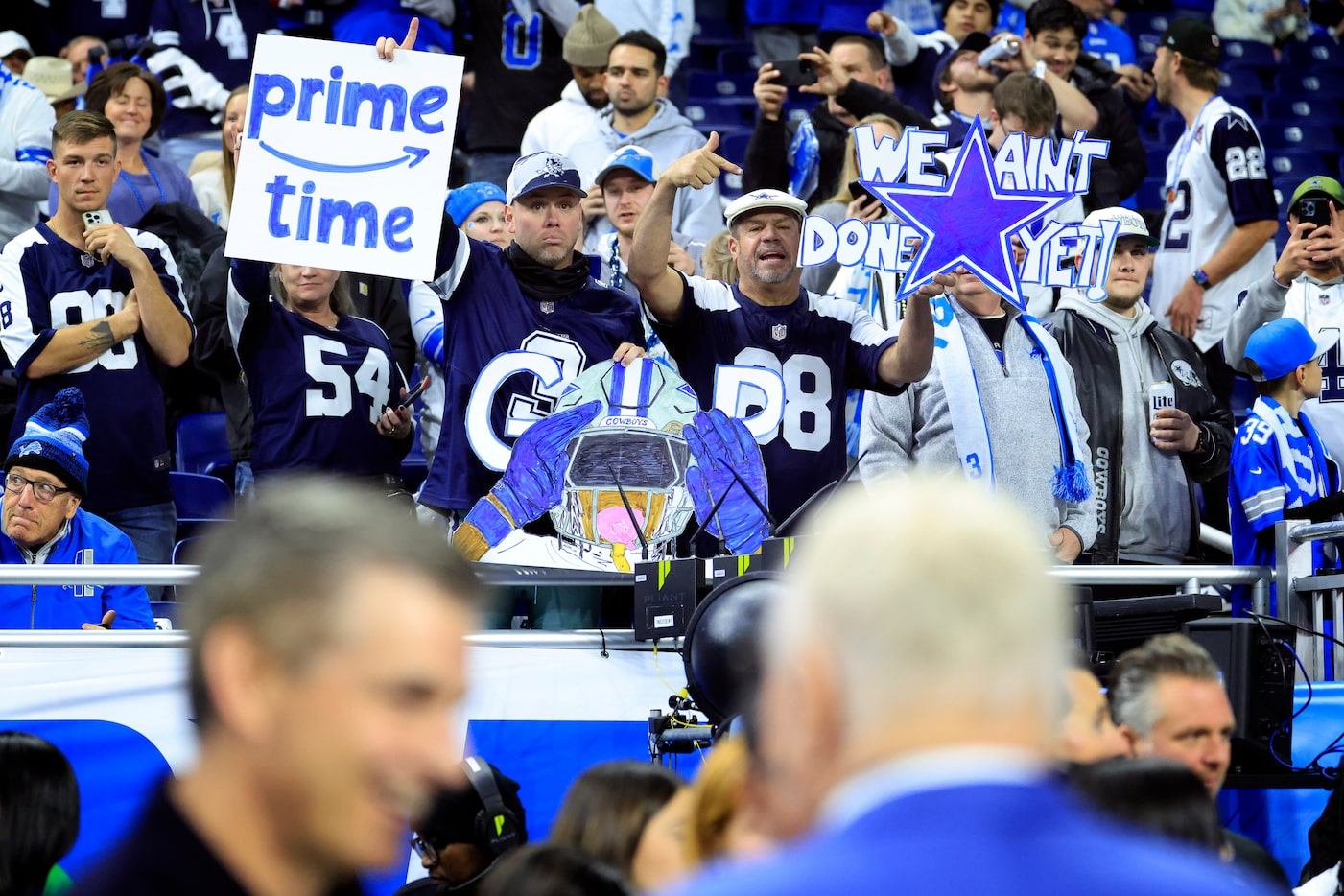 Dallas Cowboys fans yell for owner Jerry Jones during pregame warmups before facing the...