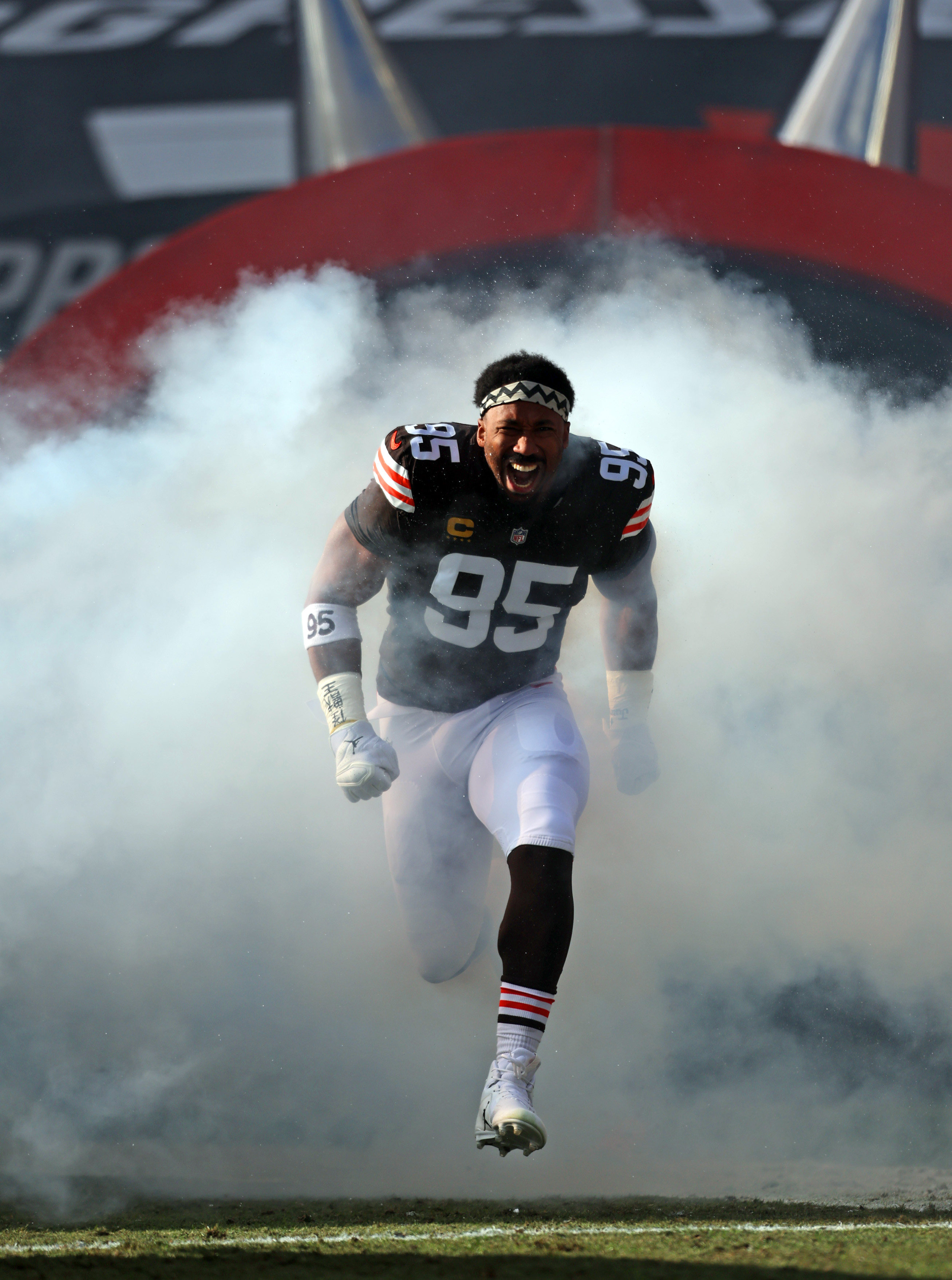 Cleveland Browns defensive end Myles Garrett is introduced before the start of the game against the Buffalo Bills. 