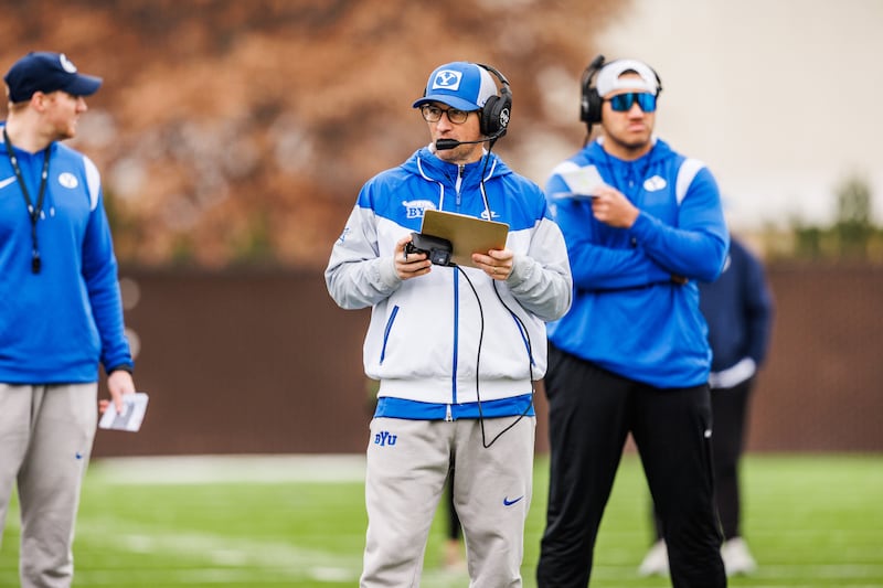 BYU offensive coordinator Aaron Roderick looks on during a practice at BYU's  outdoor practice facility in Provo.