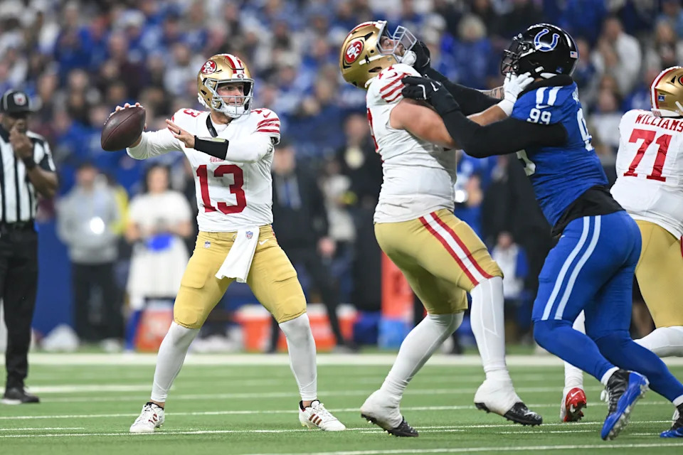 INDIANAPOLIS, IN - DECEMBER 22: San Francisco 49ers Quarterback Brock Purdy (13) passes during the NFL game between the San Francisco 49ers and the Indianapolis Colts on December 22, 2025, at Lucas Oil Stadium in Indianapolis, Indiana. (Photo by Michael Allio/Icon Sportswire via Getty Images)