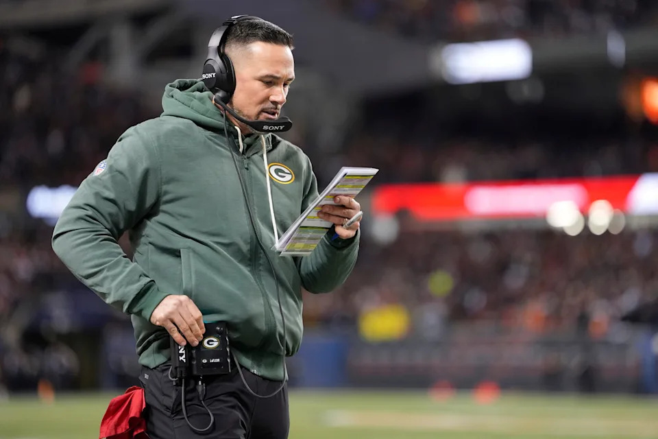 CHICAGO, ILLINOIS - DECEMBER 20: Head coach Matt Lafleur of the Green Bay Packers looks on during the first quarter against the Chicago Bears at Soldier Field on December 20, 2025 in Chicago, Illinois. (Photo by Patrick McDermott/Getty Images)