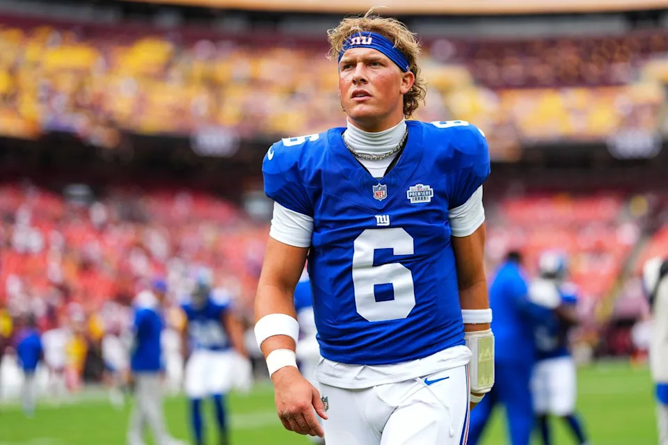 Cooper Neill/Getty Jaxson Dart #6 of the New York Giants.