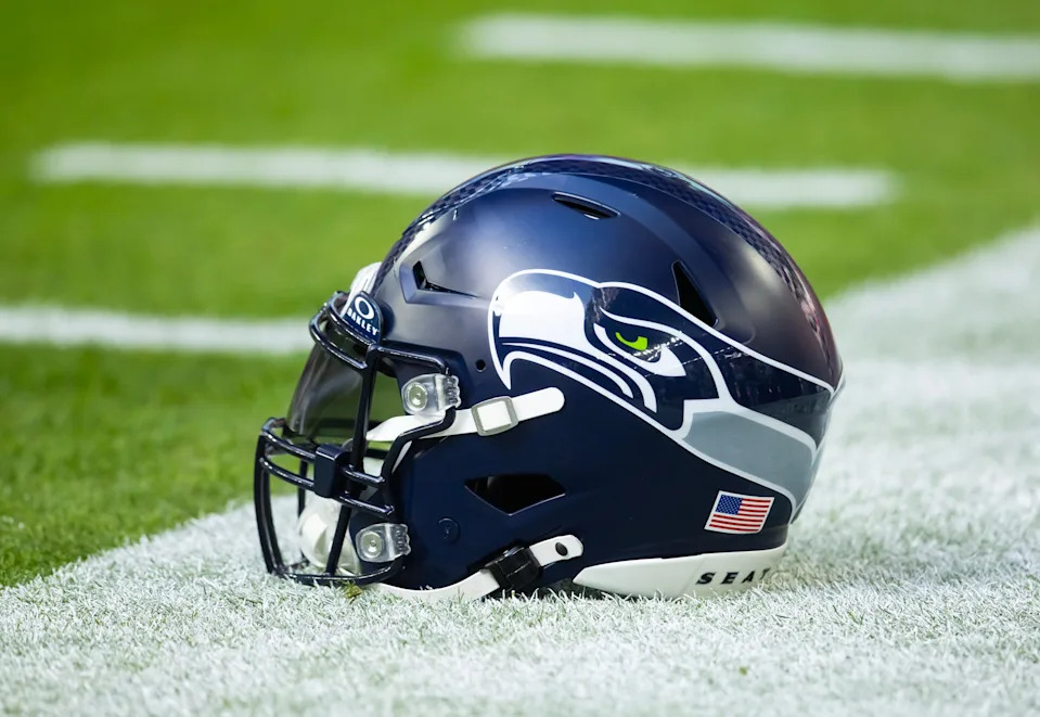 Detailed view of a Seattle Seahawks helmet at State Farm Stadium.