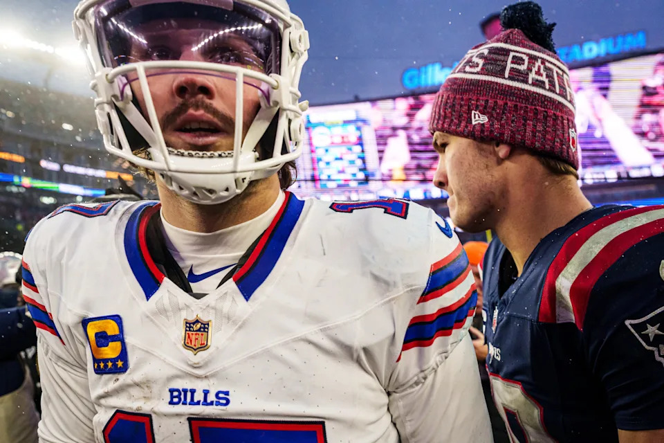 Dec 14, 2025; Foxborough, Massachusetts, USA; New England Patriots quarterback Drake Maye (10) meets Buffalo Bills quarterback Josh Allen (17) on the field after the game at Gillette Stadium. Mandatory Credit: David Butler II-Imagn Images