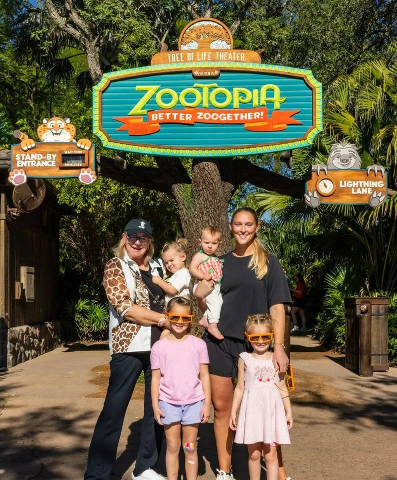 Disney Parks/Instagram Donna Kelce and Kylie Kelce with daughters Wyatt, Elliotte, Bennett and Finn.