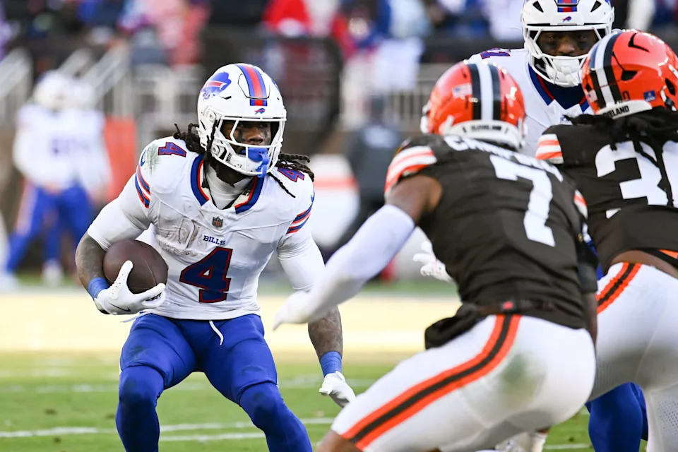Dec 21, 2025; Cleveland, Ohio, USA; Buffalo Bills running back James Cook III (4) carries the ball against the Cleveland Browns during the second half at Huntington Bank Field. Mandatory Credit: Ken Blaze-Imagn Images